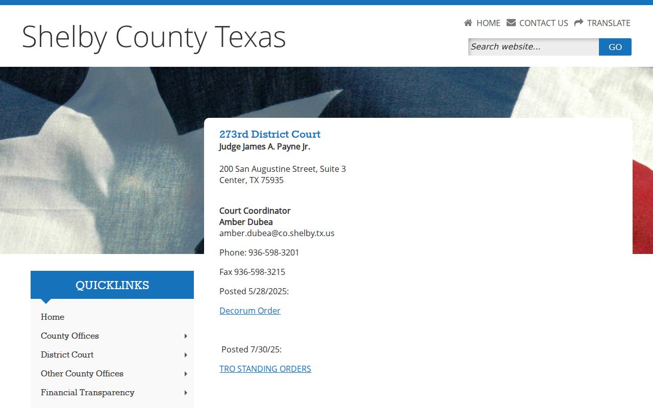 Shelby County bench warrants and 273rd District Court coordinator contact