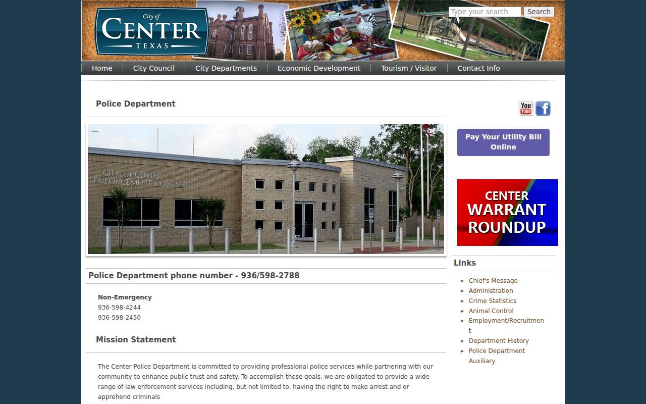 Center warrant records and Center Police Department contact