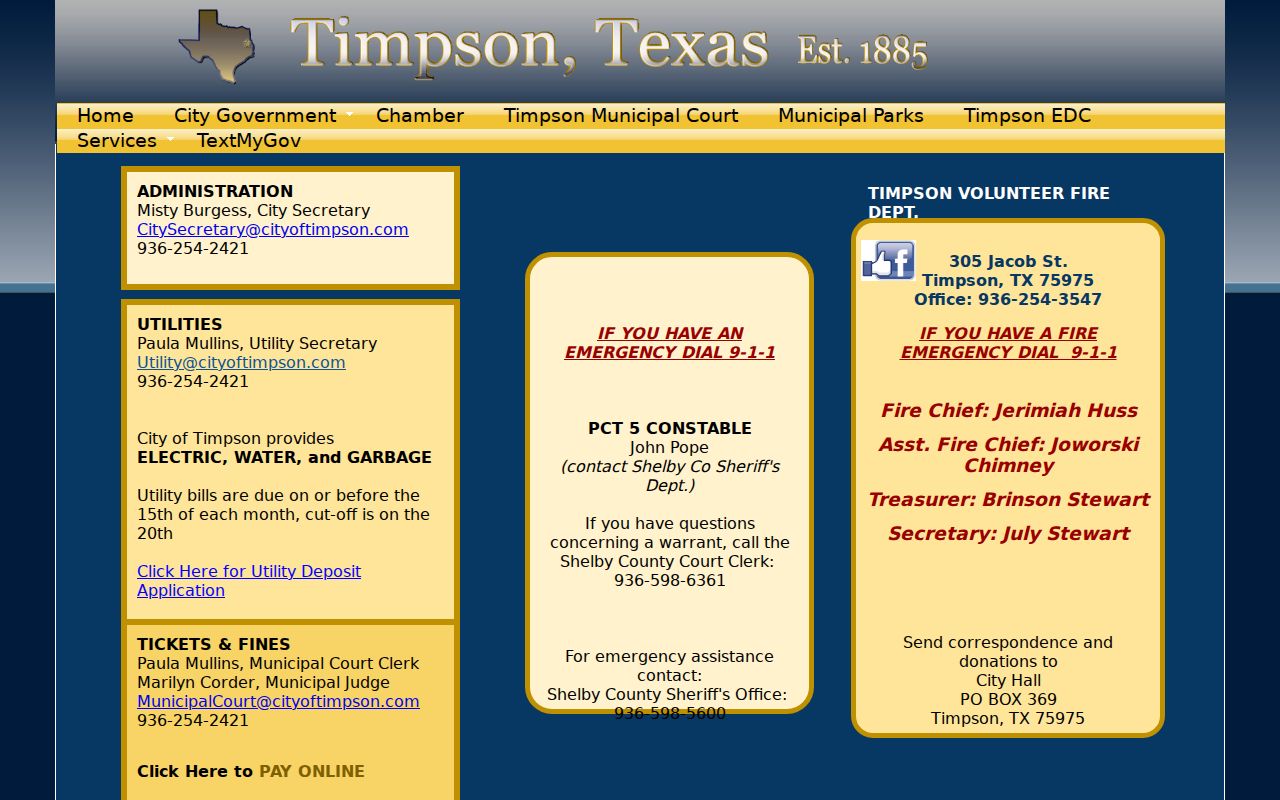 Timpson warrant records and official municipal court contact page